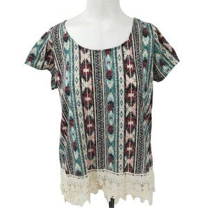 Maurices Ethnic Crochet Lace T-Shirt Size M Boho Ikat Knit Short Sleeve Stretch